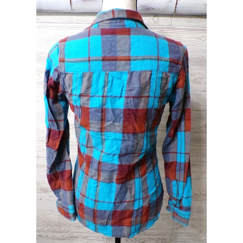 Kavu Women's S Plaid Button Flannel Shirt Teal Burgundy Pocket Hiking Gorpcore - Picture 5 of 11